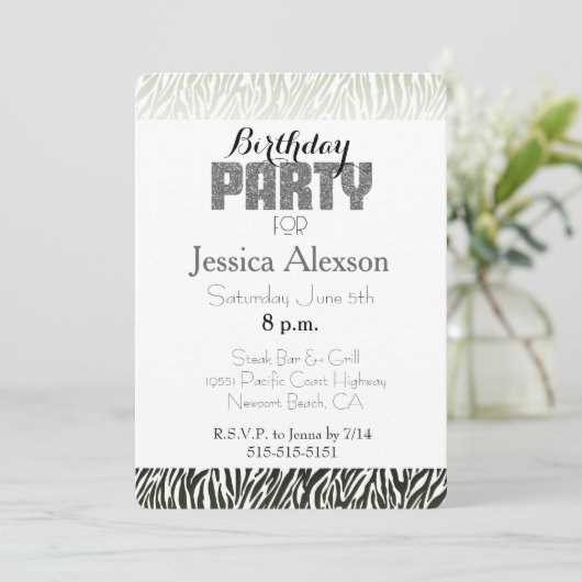 Invitation Green White Zebra Imprimer Anniversaire (Debout devant)