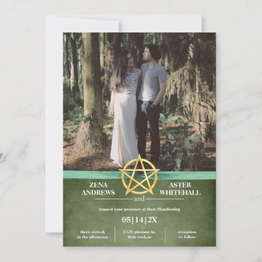 Invitation Green Wiccan Vintage Gold Pentacle Handfasting (Devant)