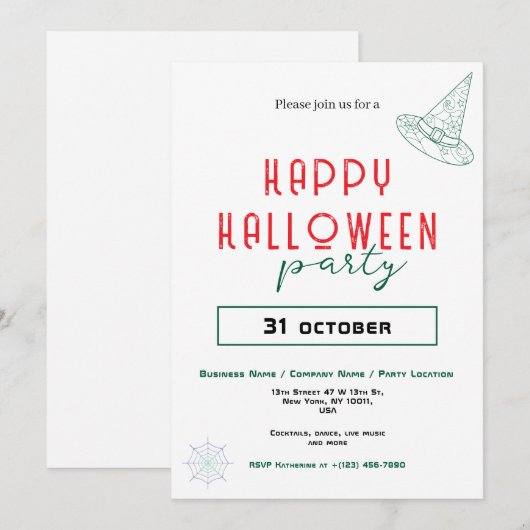 Invitation Green Witch Casquette Bureau d'affaires Halloween  (Devant / Derrière)
