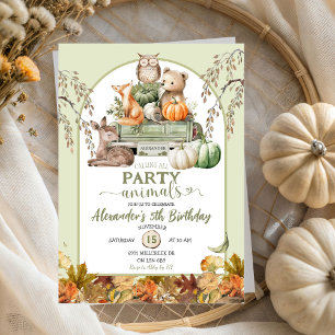 Invitation Green Woodland Citrouille Camion Animaux Anniversa