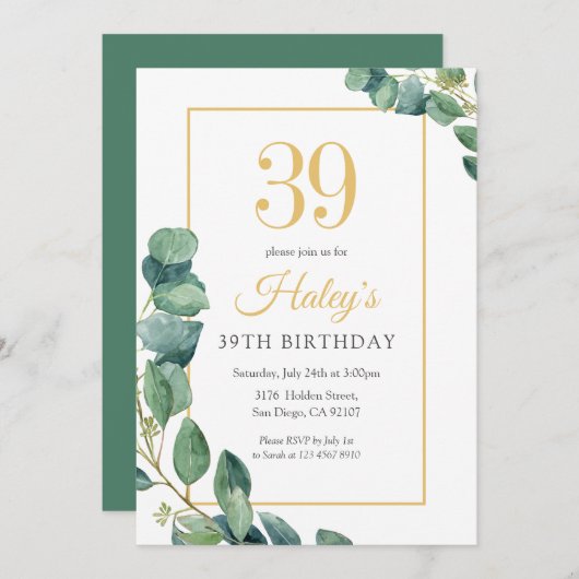 Invitation Green Wreath Chic Gold & Sage 39E Anniversaire (Devant / Derrière)