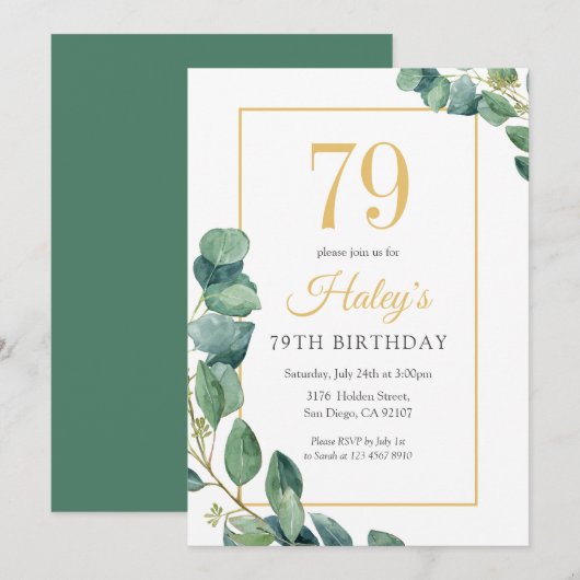 Invitation Green Wreath Chic Gold & Sage 79E Anniversaire (Devant / Derrière)