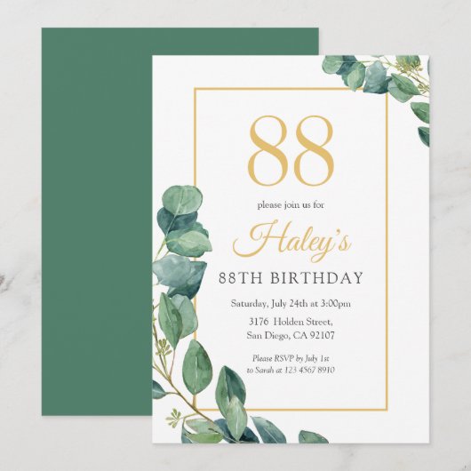 Invitation Green Wreath Chic Gold & Sage 88E Anniversaire (Devant / Derrière)
