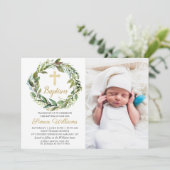 Invitation Green Wreath Gold Cross Boy Baptism Photo (Debout devant)