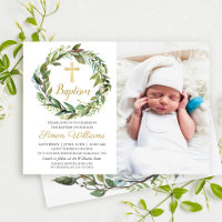 Green Wreath Gold Cross Boy Baptism Photo