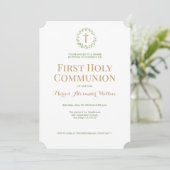 Invitation Green Wreath Gold Cross Boy Première communion sai (Debout devant)