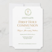 Invitation Green Wreath Gold Cross Boy Première communion sai (Devant)