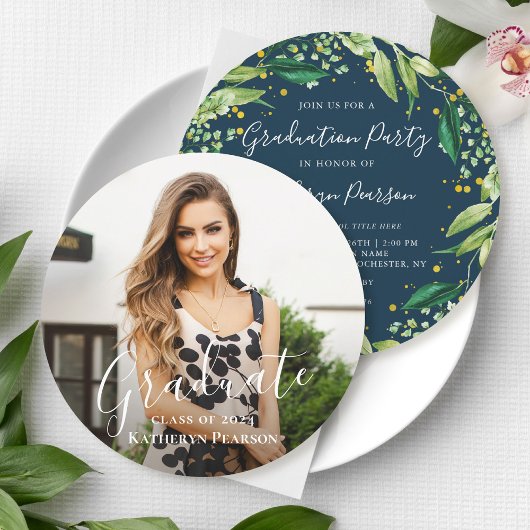 Invitation Green Wreath Gold Navy Blue Graduation Photo En