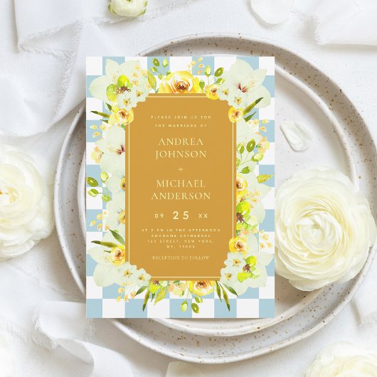 Invitation Green Yellow Floral Checkerboard Garden Wedding