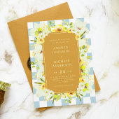Invitation Green Yellow Floral Checkerboard Garden Wedding