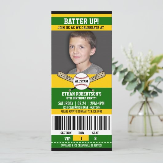 Invitation Green|Yellow Ticket Style Baseball Anniversaire (Debout devant)