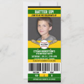 Invitation Green|Yellow Ticket Style Baseball Anniversaire (Devant)