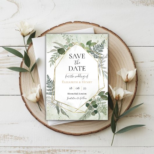 Invitation Greenery boho gold geometric watercolour save date