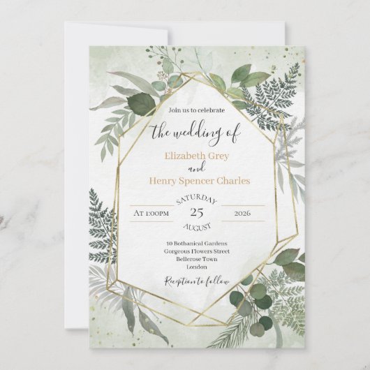 Invitation Greenery boho gold geometric watercolour wedding (Devant)