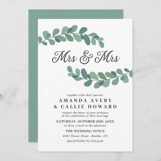 Invitation Greenery Branches Mme & Mme Mariage (Devant / Derrière)