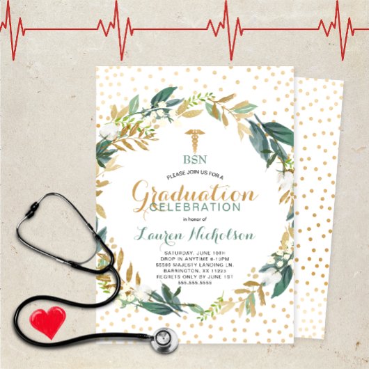 Invitation Greenery Confetti Soins infirmiers fête de graduat