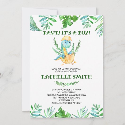 Invitation Greenery Dinosaur Baby Shower (Devant)