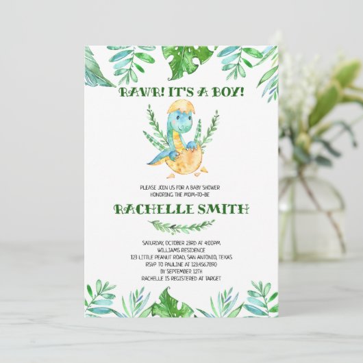 Invitation Greenery Dinosaur Baby Shower (Debout devant)