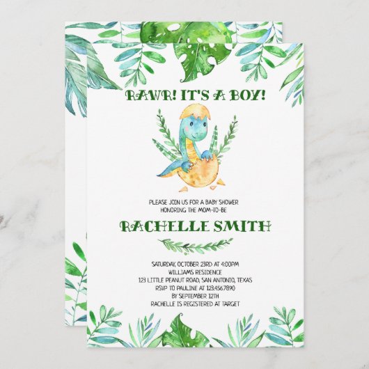 Invitation Greenery Dinosaur Baby Shower (Devant / Derrière)