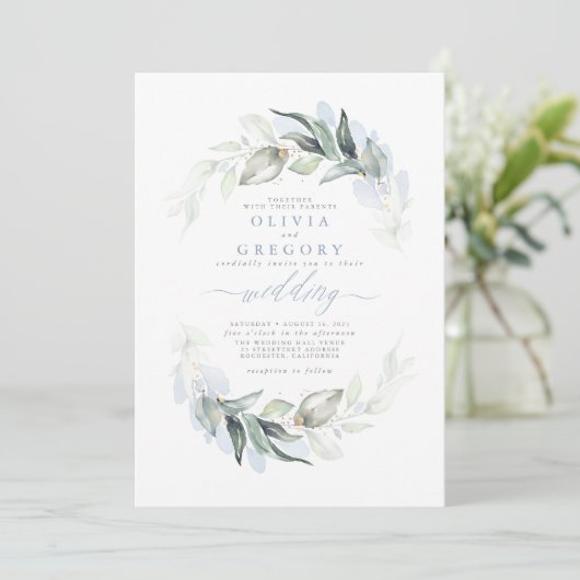 Invitation Greenery Dusty Blue Modern Elegant Wedding (Debout devant)