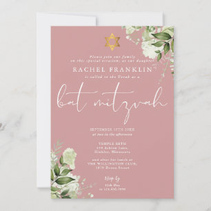 Invitation Greenery Dusty Rose Pink Monogramme Bat Mitzvah