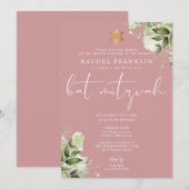 Invitation Greenery Dusty Rose Pink Monogramme Bat Mitzvah (Devant / Derrière)