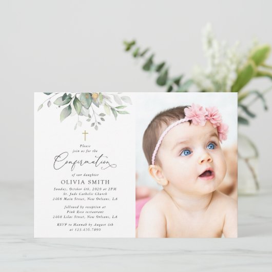 Invitation Greenery, Eucalyptus Leaves, Boho, Confirmation (Debout devant)