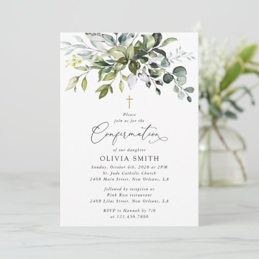 Invitation Greenery, Eucalyptus Leaves, Boho, Confirmation (Debout devant)