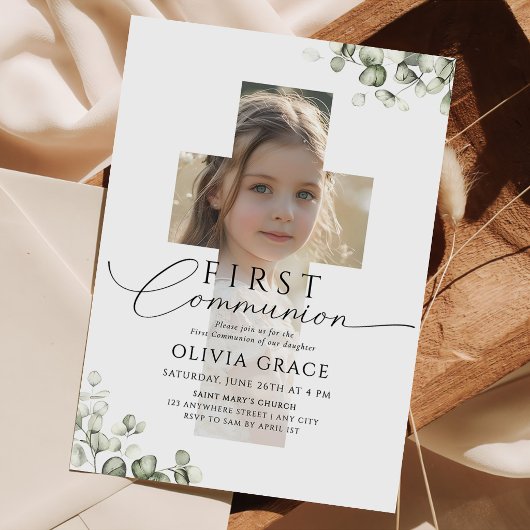 Invitation  Greenery Eucalyptus Photo  First Communion 
