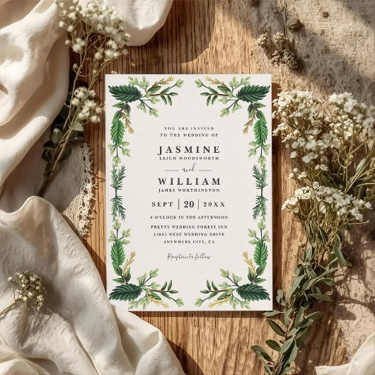 Invitation Greenery Evergreen Leaves Rustic QR Code Wedding