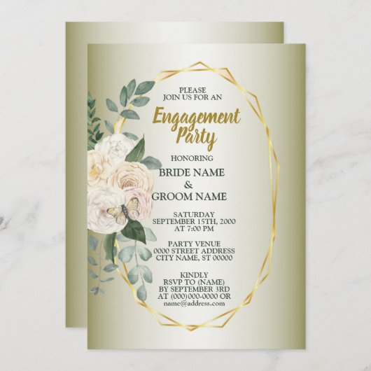 Invitation Greenery Floral Gold Geometric Engagement Party (Devant / Derrière)