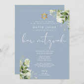 Invitation Greenery Floral Monogram Blue Bar Mitzvah (Devant / Derrière)