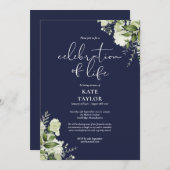 Invitation Greenery Floral Navy Blue Celebration of Life (Devant / Derrière)