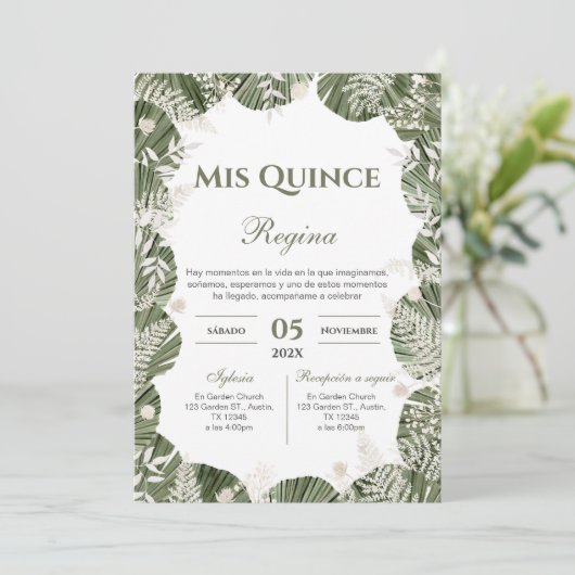 Invitation Greenery Floral Quinceañera Spanish (Debout devant)