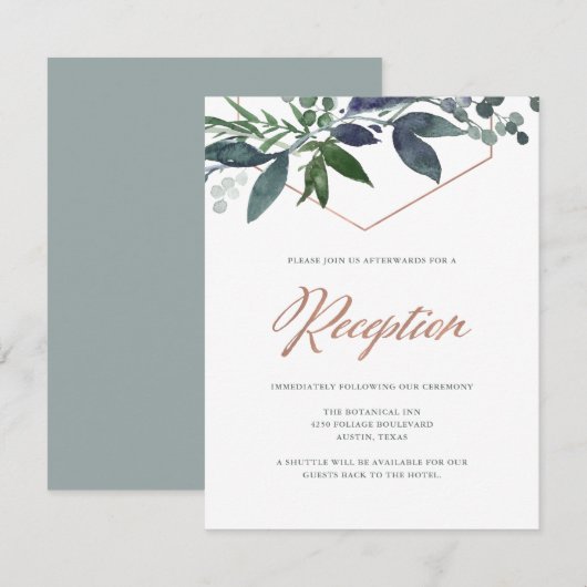 Invitation Greenery Geo | Réception de mariage en or rose (Devant / Derrière)