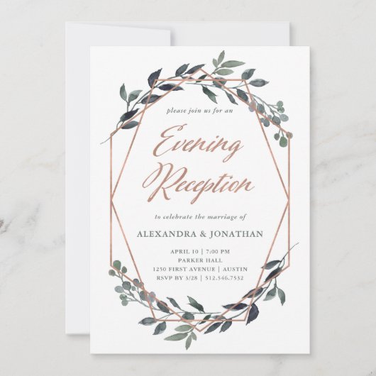 Invitation Greenery Geo | Réception de soirée en or rose (Devant)