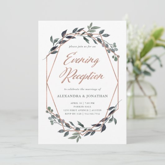 Invitation Greenery Geo | Réception de soirée en or rose (Debout devant)