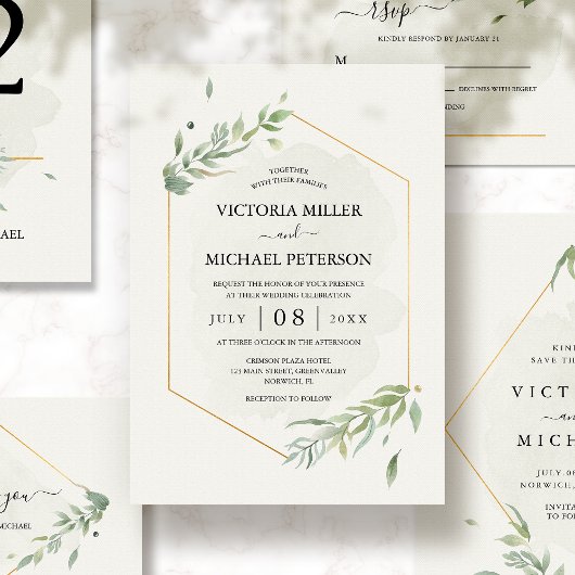 Invitation Greenery Gold Elegant Watercolor Foliage Wedding