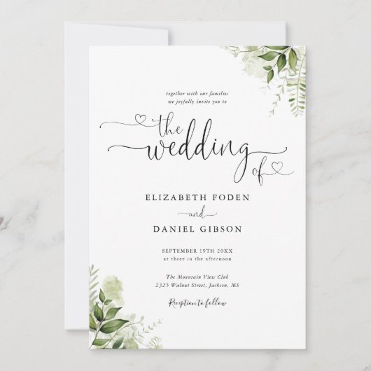 Invitation Greenery Leaves Hearts Script Calligraphy Wedding (Devant)