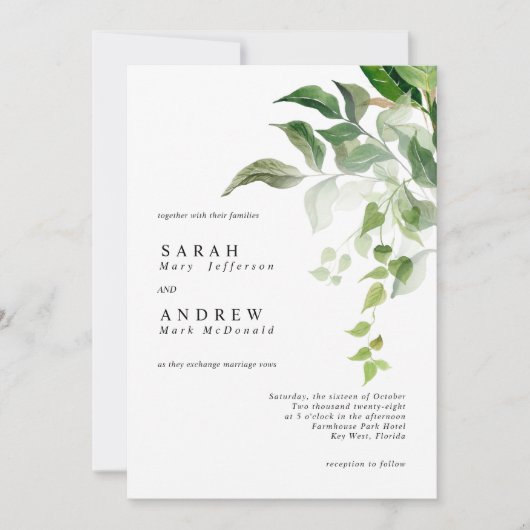 Invitation Greenery Leaves Modern Minimal Wedding (Devant)