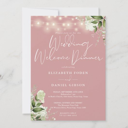 Invitation Greenery Lights Dusty Rose Wedding Welcome Dinner (Devant)