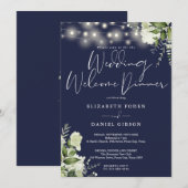 Invitation Greenery Lights Navy Blue Wedding Welcome Dinner (Devant / Derrière)