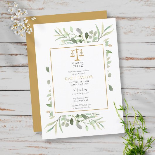 Invitation Greenery Modern Gold Law School Graduation