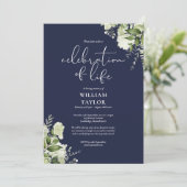 Invitation Greenery Navy Blue Celebration of Life Photo (Debout devant)