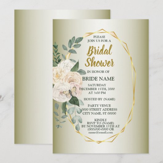 Invitation Greenery Pink Floral Gold Geometric Bridal Shower (Devant / Derrière)