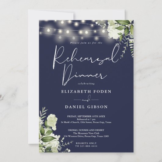 Invitation Greenery String Lights Navy Blue Rehearsal Dinner (Devant)