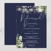 Invitation Greenery String Lights Navy Blue Rehearsal Dinner (Devant / Derrière)
