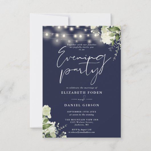 Invitation Greenery String Lights Navy Wedding Evening Party (Devant)