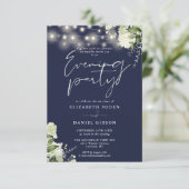 Invitation Greenery String Lights Navy Wedding Evening Party (Debout devant)