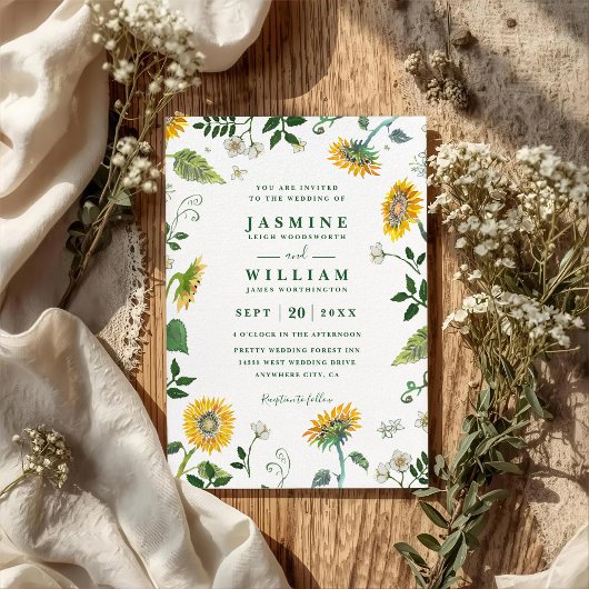 Invitation Greenery Sunflowers Rustic Elegant QR Code Wedding